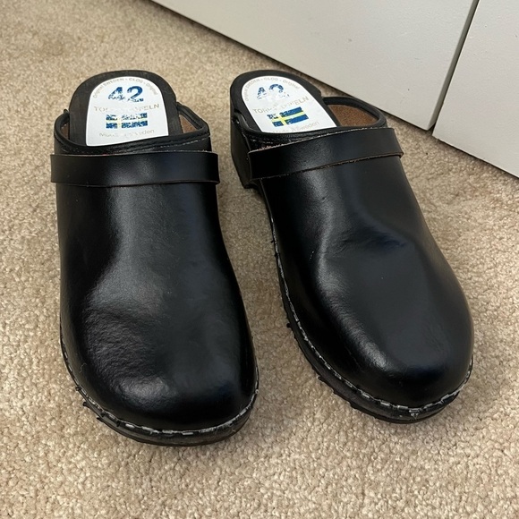 Vintage Torpatoffeln Original Swedish Clog Black Leather Wood 42 - Picture 1 of 9